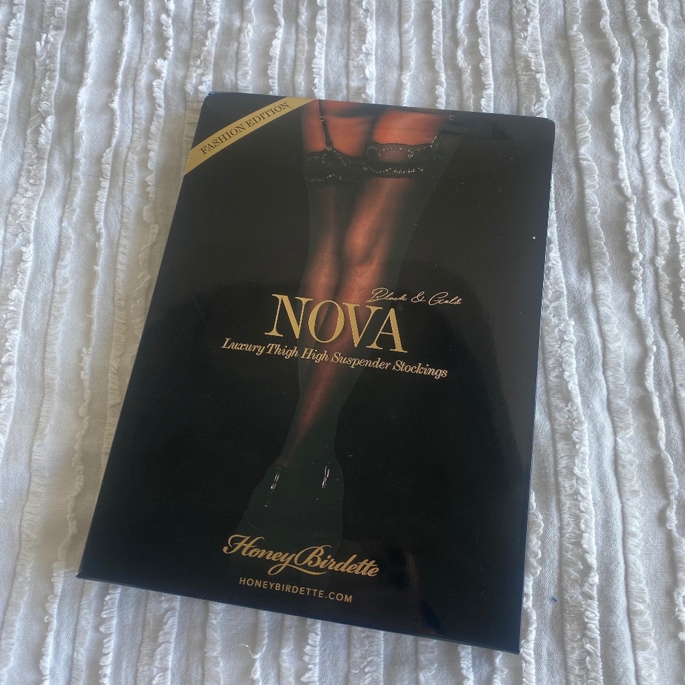 Honey Birdette Nova Thigh High Stockings - Black & Gold